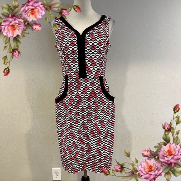 London Times Stylish Black and pink geometric Patterned business Dress - Picture 1 of 13